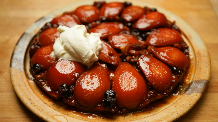 Sweet! Tarte Tatin is a classic for a reason - this dessert is big enough to satisfy the end of any meal but light enough not to put you to sleep.  An upside down tart that is traditionally made with apples, this version combines two other favorite fall flavors.  Most of all, it is truly easy to prepare.